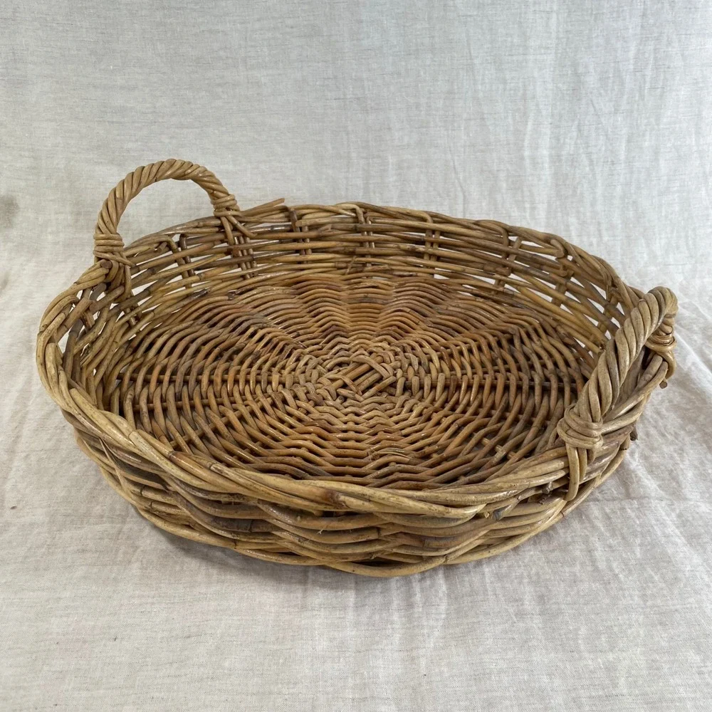 Vintage Large Round Wicker Tray Basket 18 Inch Handled Ottoman Coffee Table